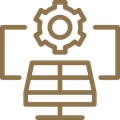 Gear above a solar panel display, representing solar energy technology.
