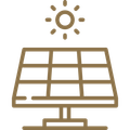 Solar panel under a sun, brown outline.