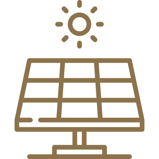 Solar panel under a sun, brown outline.