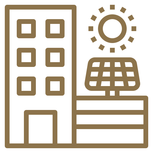 Building with solar panels on the roof, receiving power from the sun.