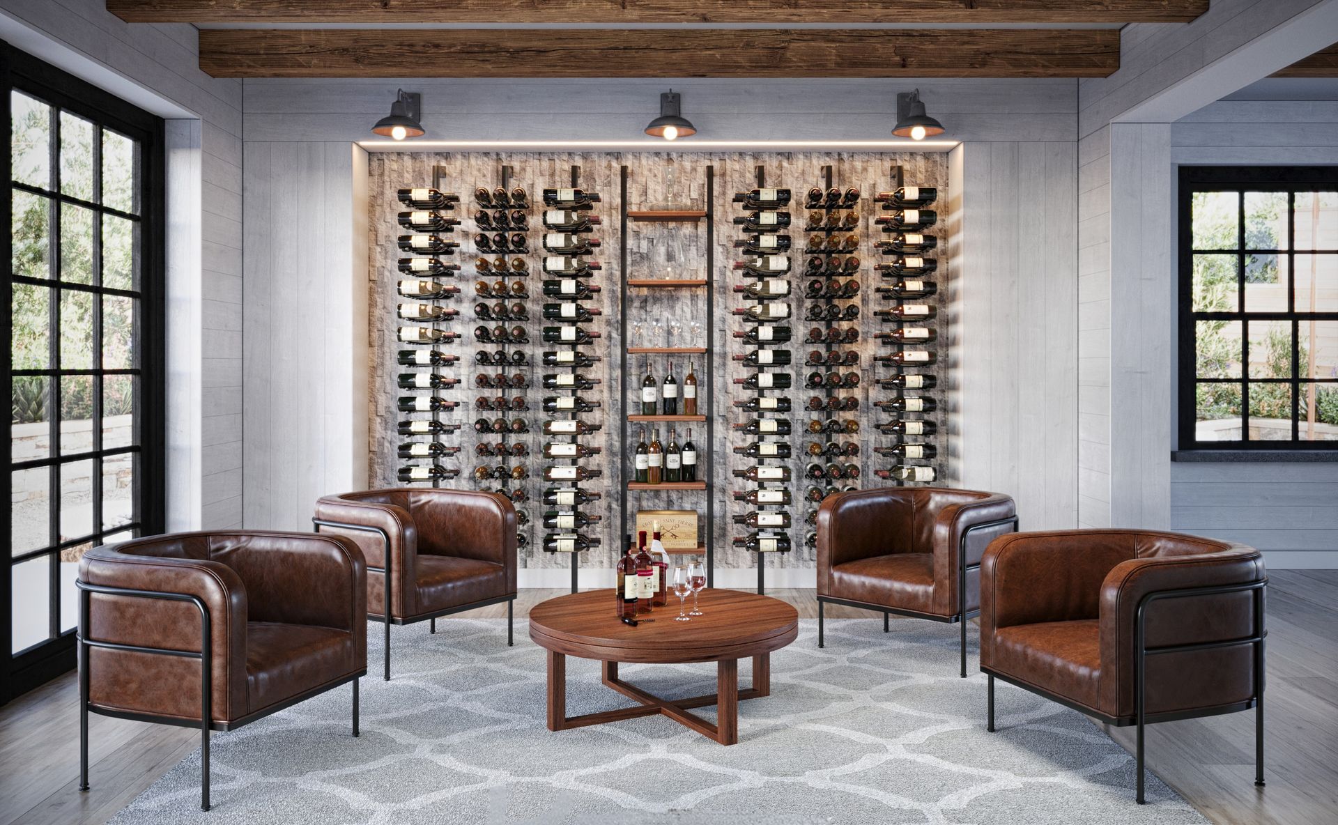Elegant wine cellar lounge with leather chairs, coffee table, and wall-to-wall wine racks.