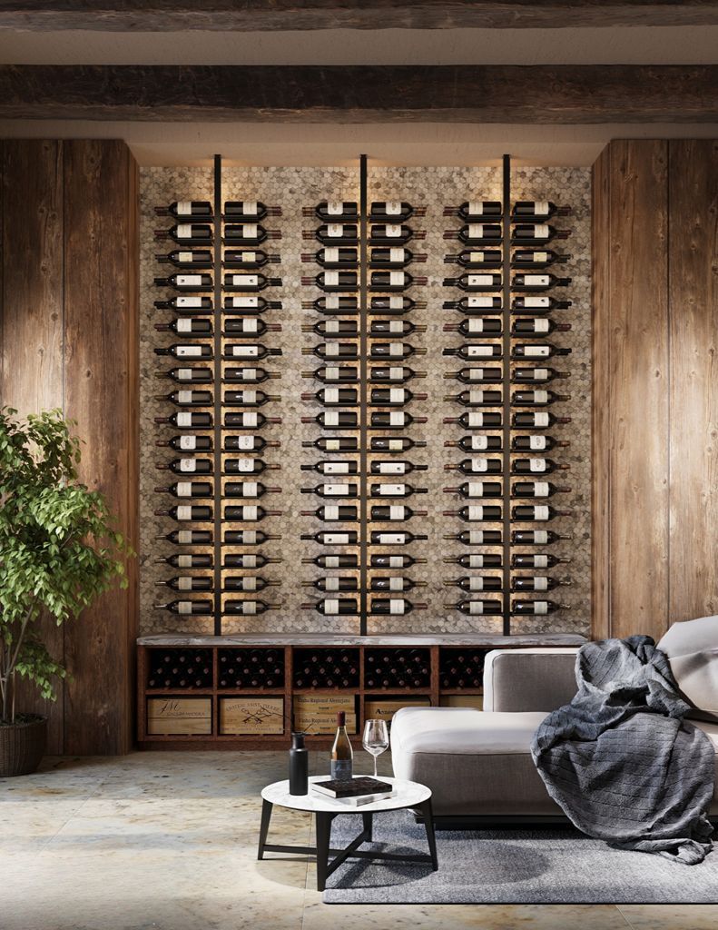 Wine rack wall in a rustic living room with sofa, coffee table, and potted plant