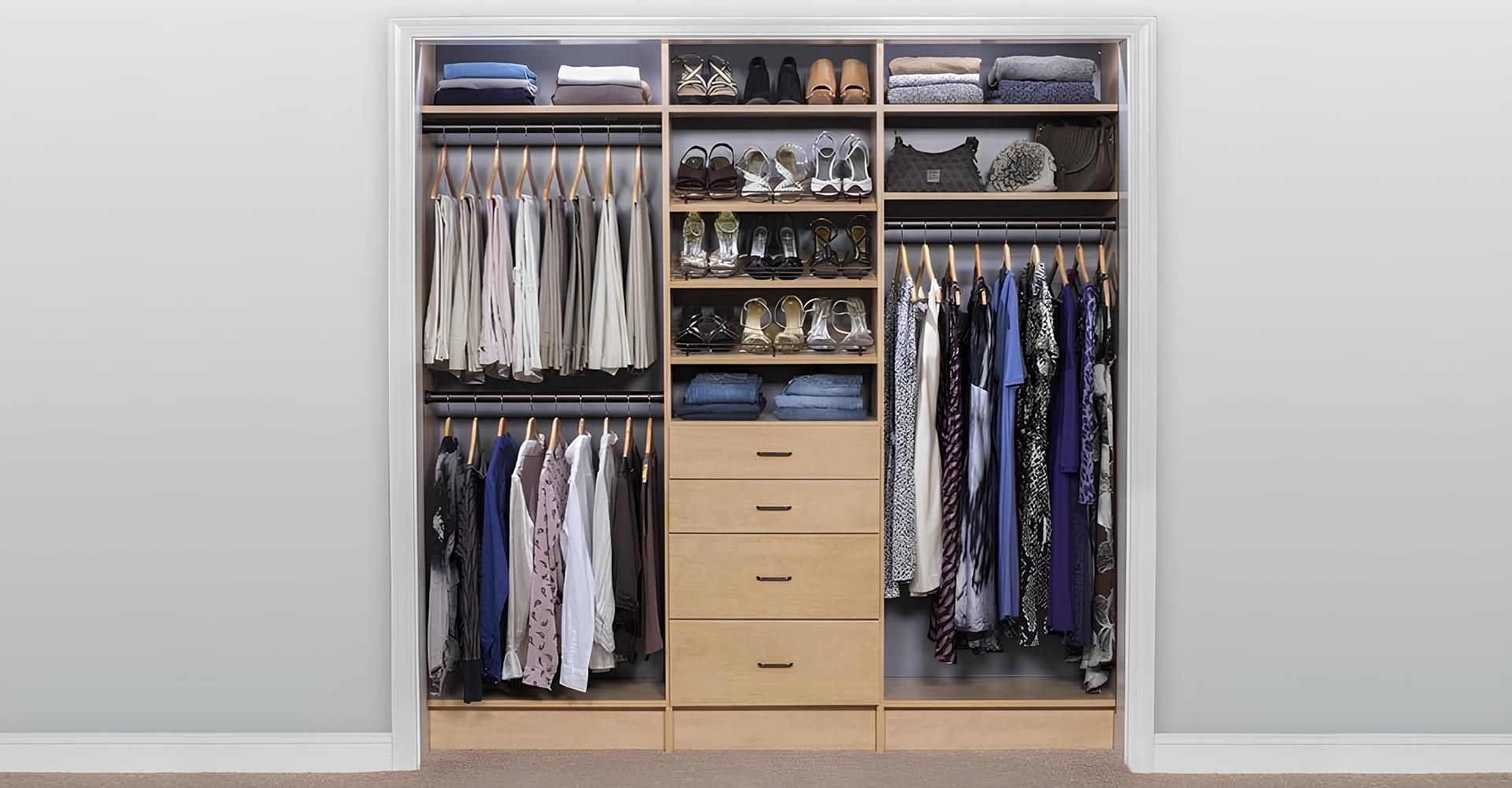 A closet filled with lots of clothes and shoes.