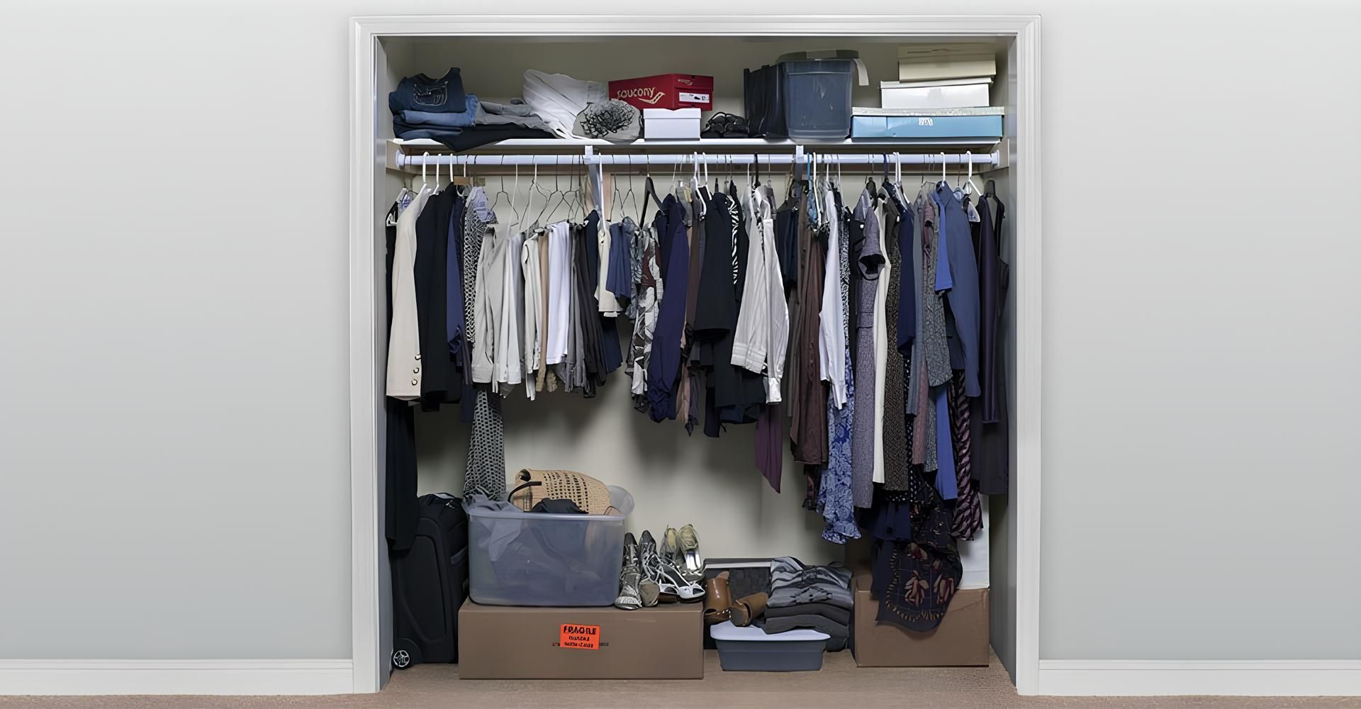 A closet filled with lots of clothes and shoes.