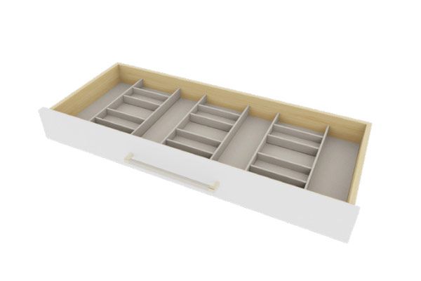 A white drawer with a sunglass organizer insert in it