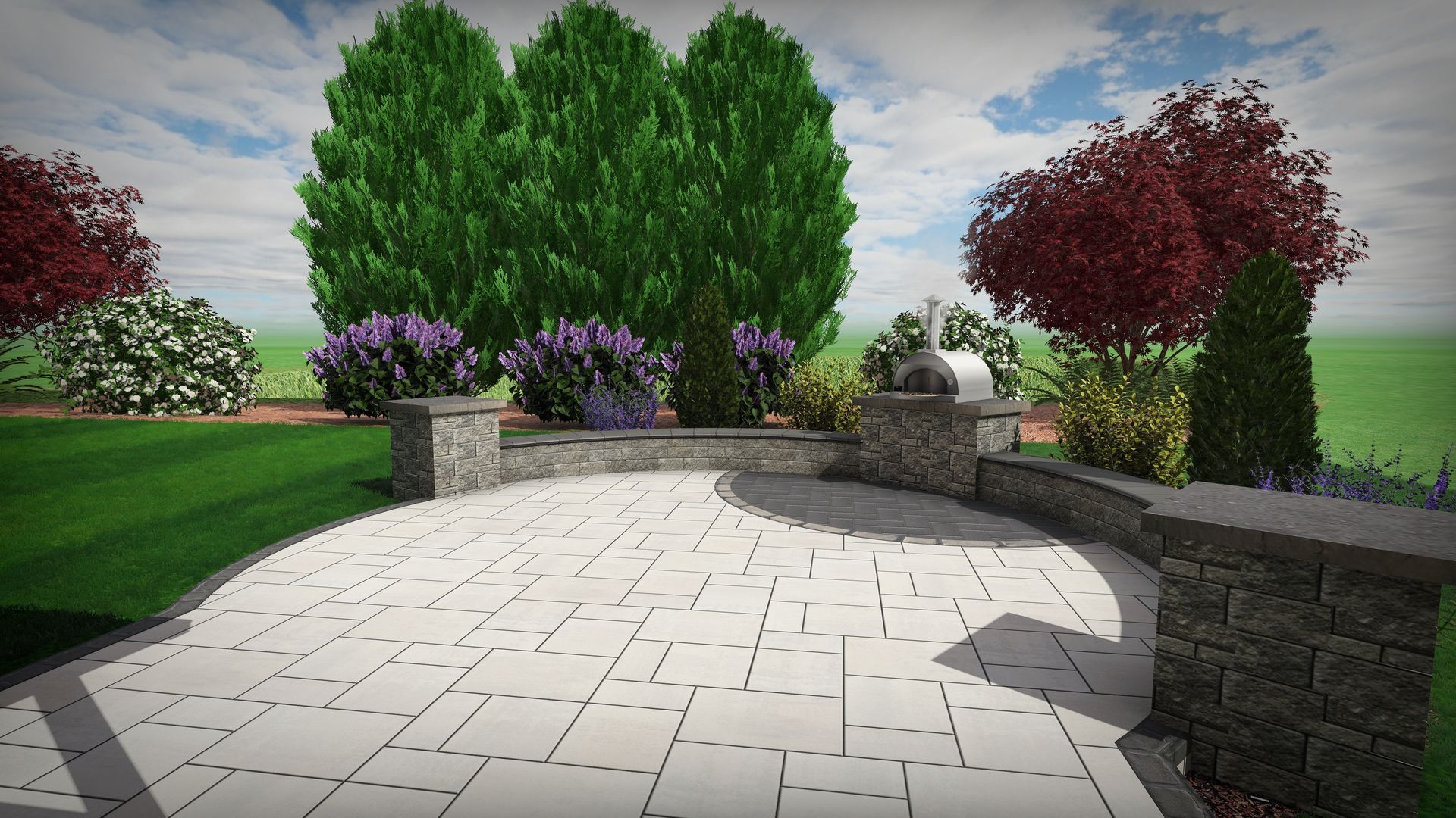 Curved stone patio with surrounding greenery and shrubs under a cloudy sky.
