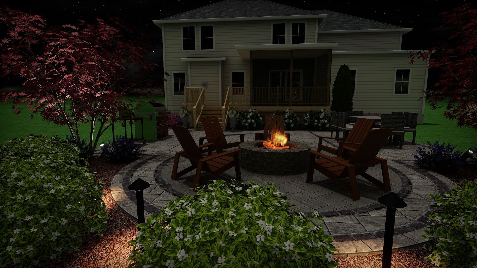 There is a fire pit in the middle of the patio with chairs around it.