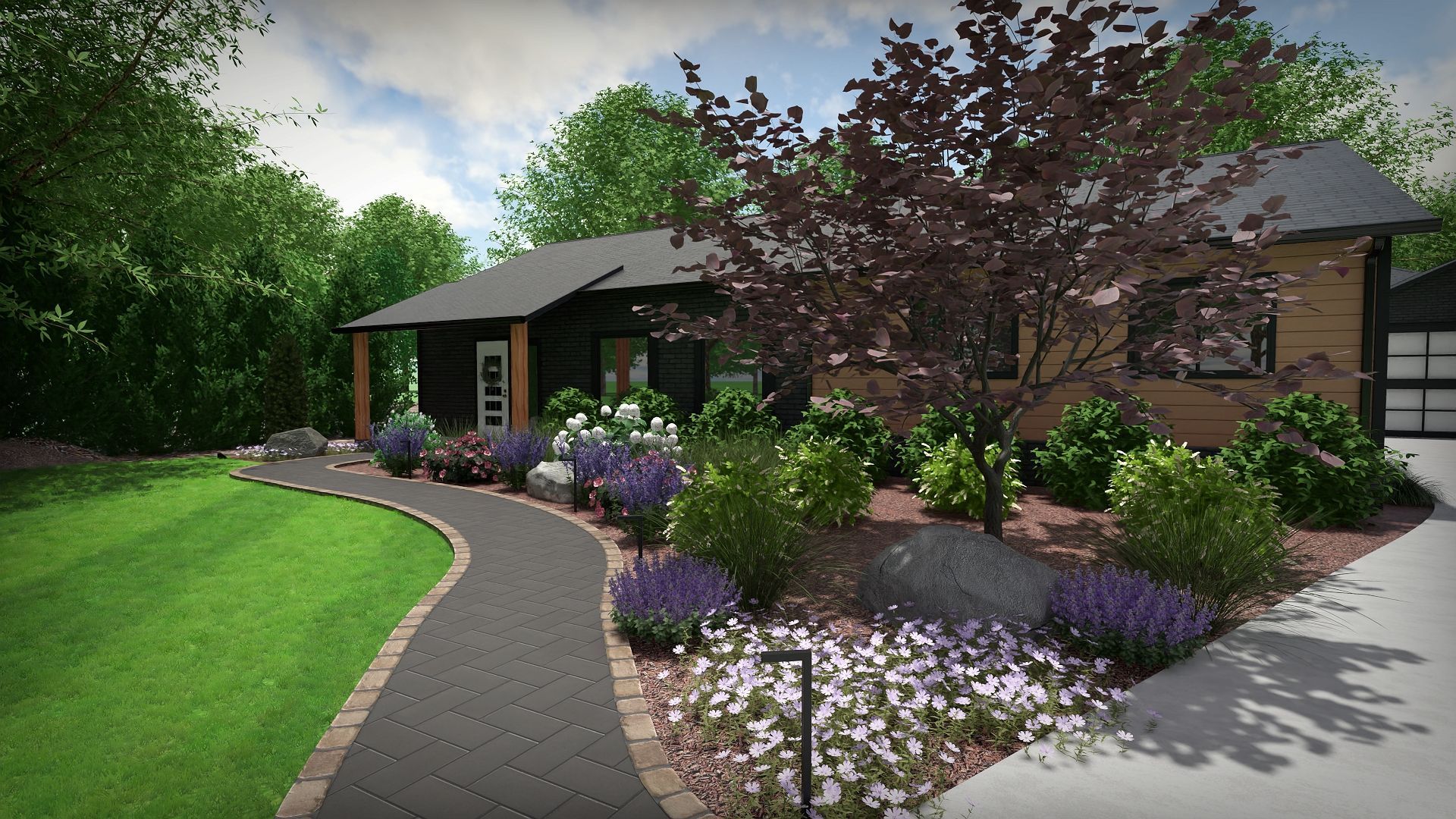 Landscaped home exterior with pathway and colorful flowers.