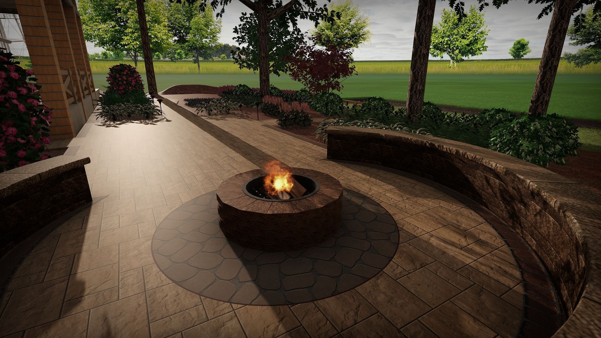There is a fire pit in the middle of the patio.