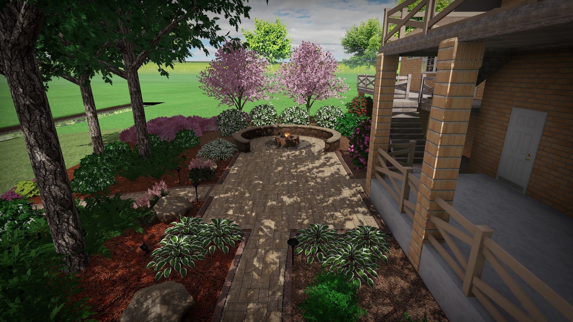 A computer generated image of a house with a fire pit in the backyard