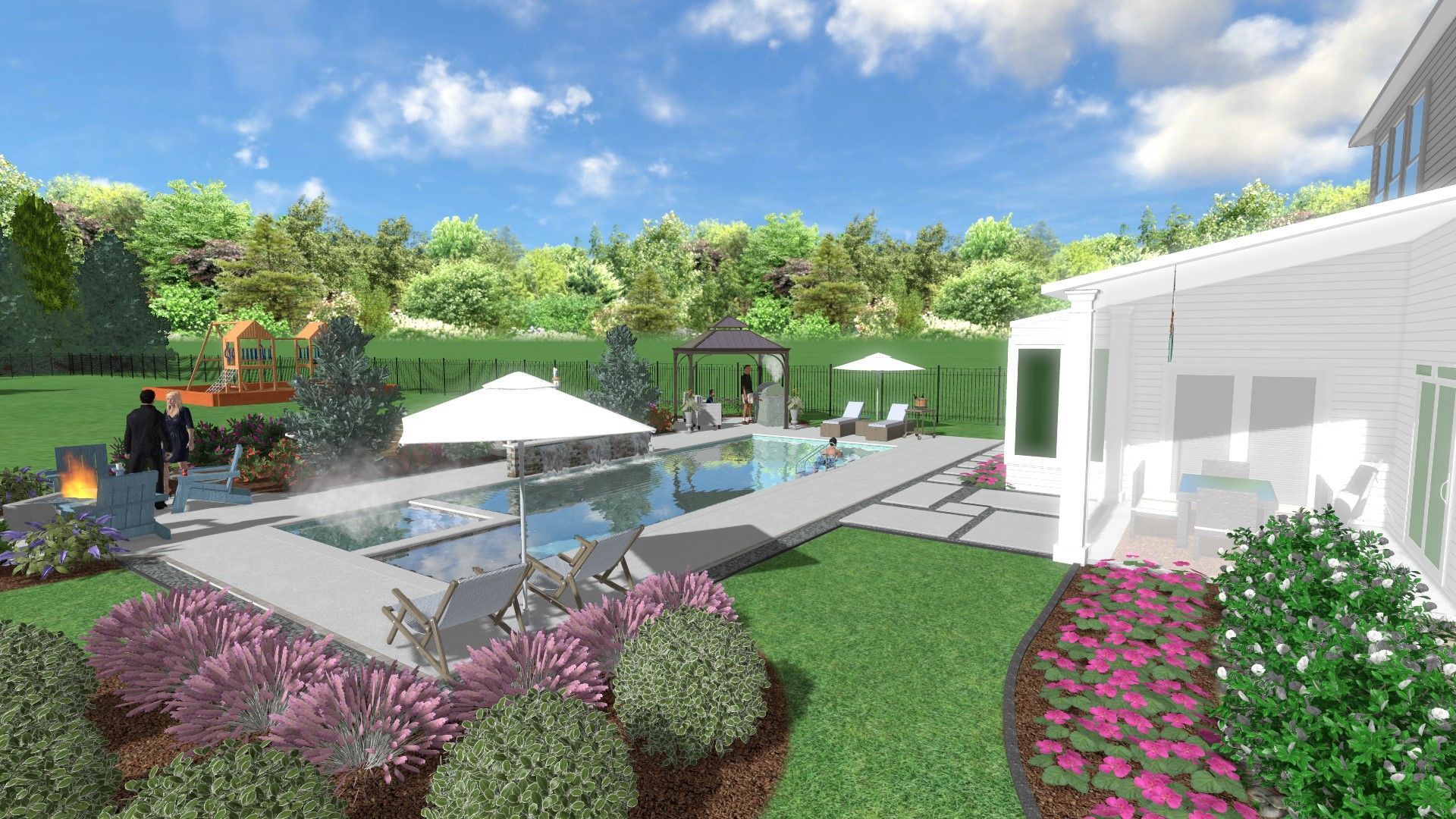 A computer generated image of a backyard with a swimming pool and a gazebo.