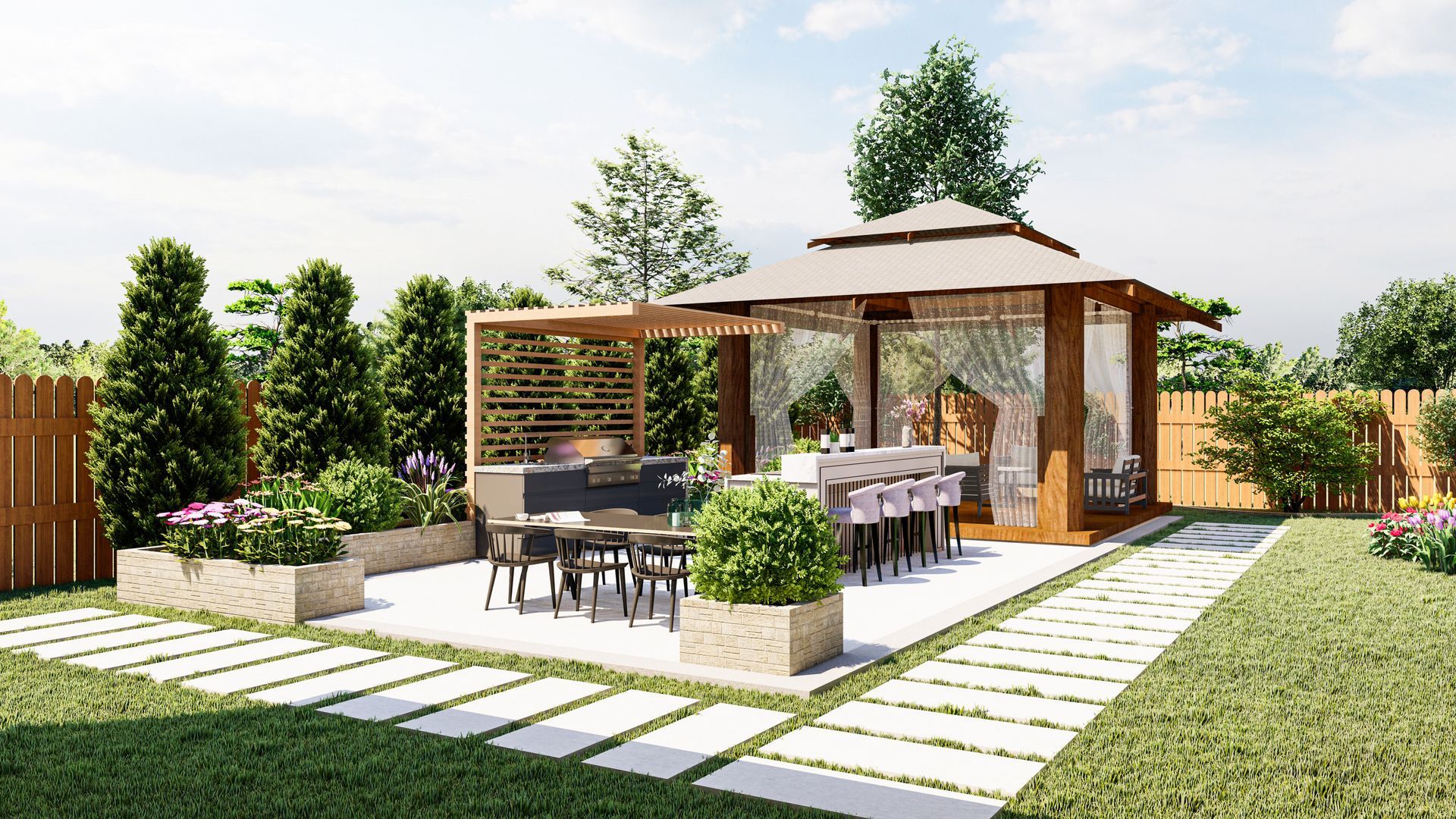 Patio with gazebo, dining area, and pathway in a backyard. Wooden structures, green lawn, flowers, and trees.