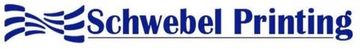 Schwebel Printing logo with blue text and wavy blue lines on white background