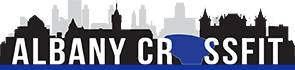 Albany Crossfit logo with black skyline silhouette and blue wave behind white text