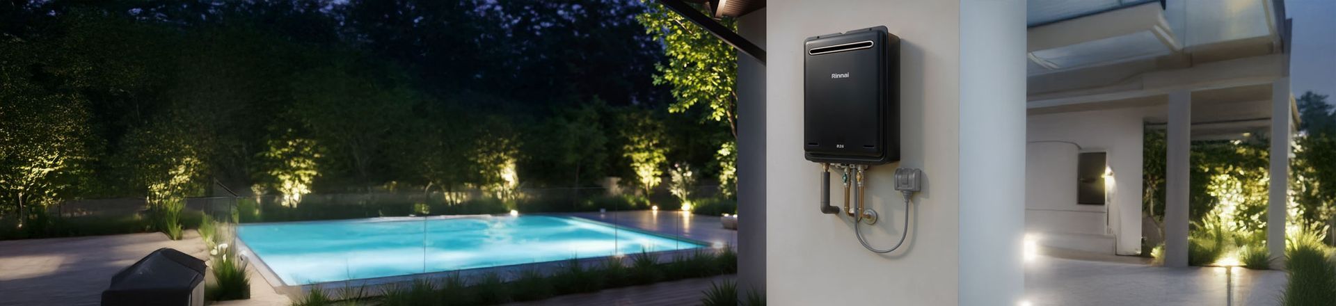 Modern Home Exterior With a Lit Swimming Pool, Wall-mounted Device — Taree Hot Water in Taree, NSW