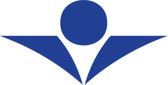 Blue abstract figure with a circle head and upward-pointing wing-like arms.
