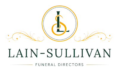 Lain-Sullivan Funeral Directors logo with gold and dark green monogram and decorative flourishes on white background