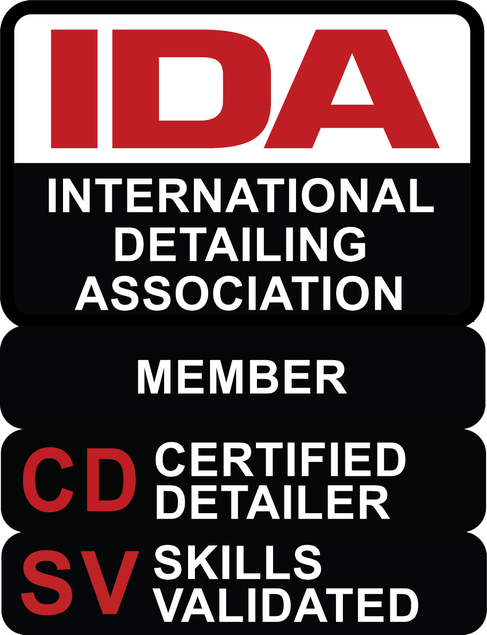 IDA (International Detailing Association) badge: red and black logo; reads 