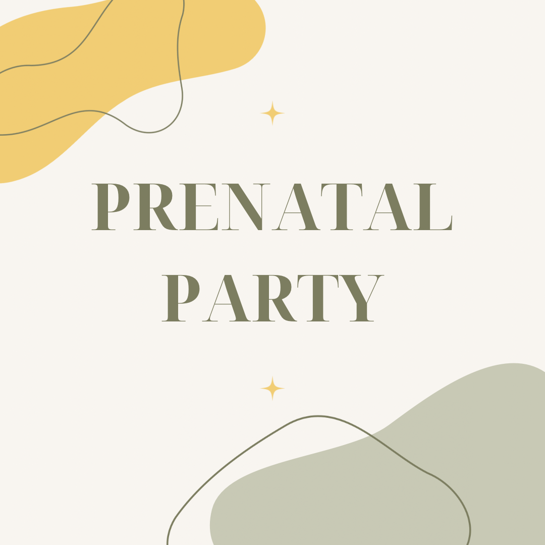 Prenatal party announcement. Text against a cream background with abstract gold and green shapes.