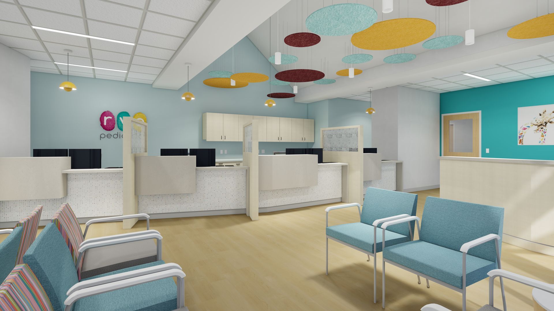 Interior of a medical clinic waiting area; blue and white color scheme; chairs, reception desks, and overhead circular decorations.