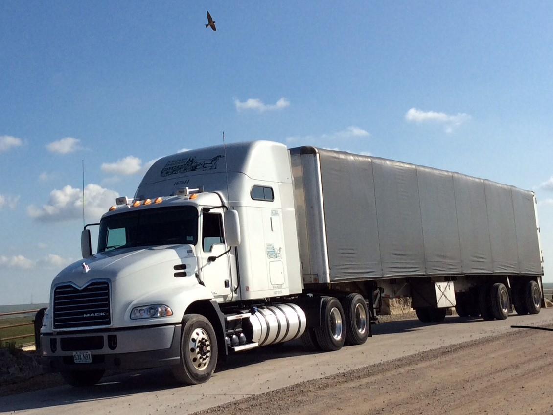 White semi-truck with a long trailer driving on a rural road under a blue sky