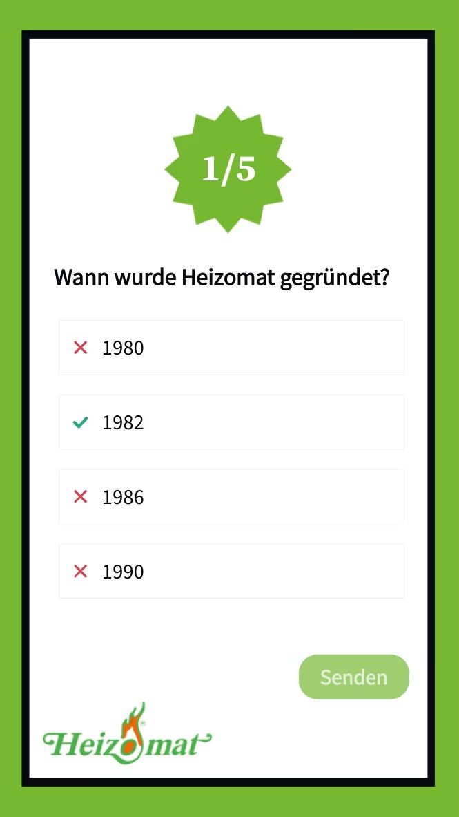 A green screen with a question that says `` wann wurde heizomat gegründet ? ''