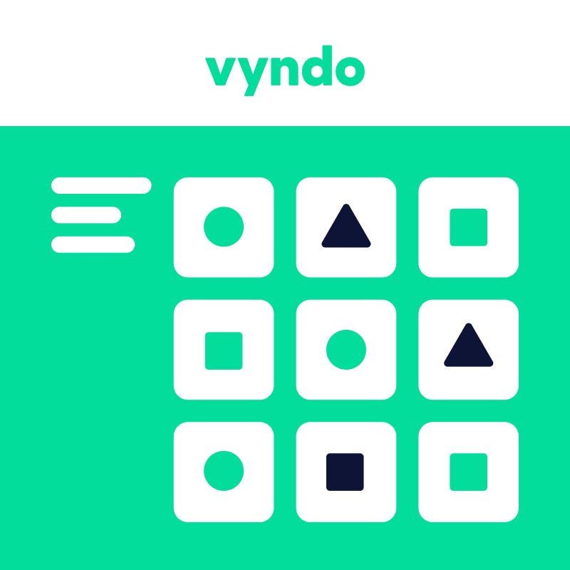 A green and white app called Vyndo with squares and triangles