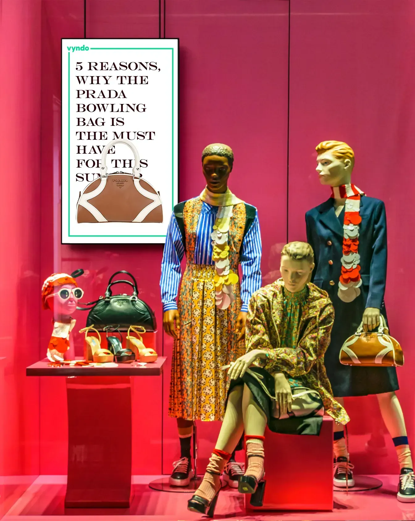 Eine Gruppe Schaufensterpuppen steht nebeneinander in einem Schaufenster.