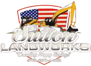 Sutton Landworks logo with American flag, excavator, and red-yellow construction equipment illustration