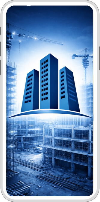 Obra en tonos azules. El logo de un rascacielos flota sobre edificios inacabados.