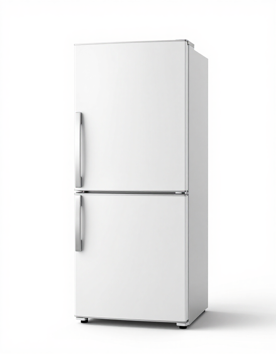 Balts divu durvju ledusskapis ar saldētavu augšpusē uz vienkārša fona