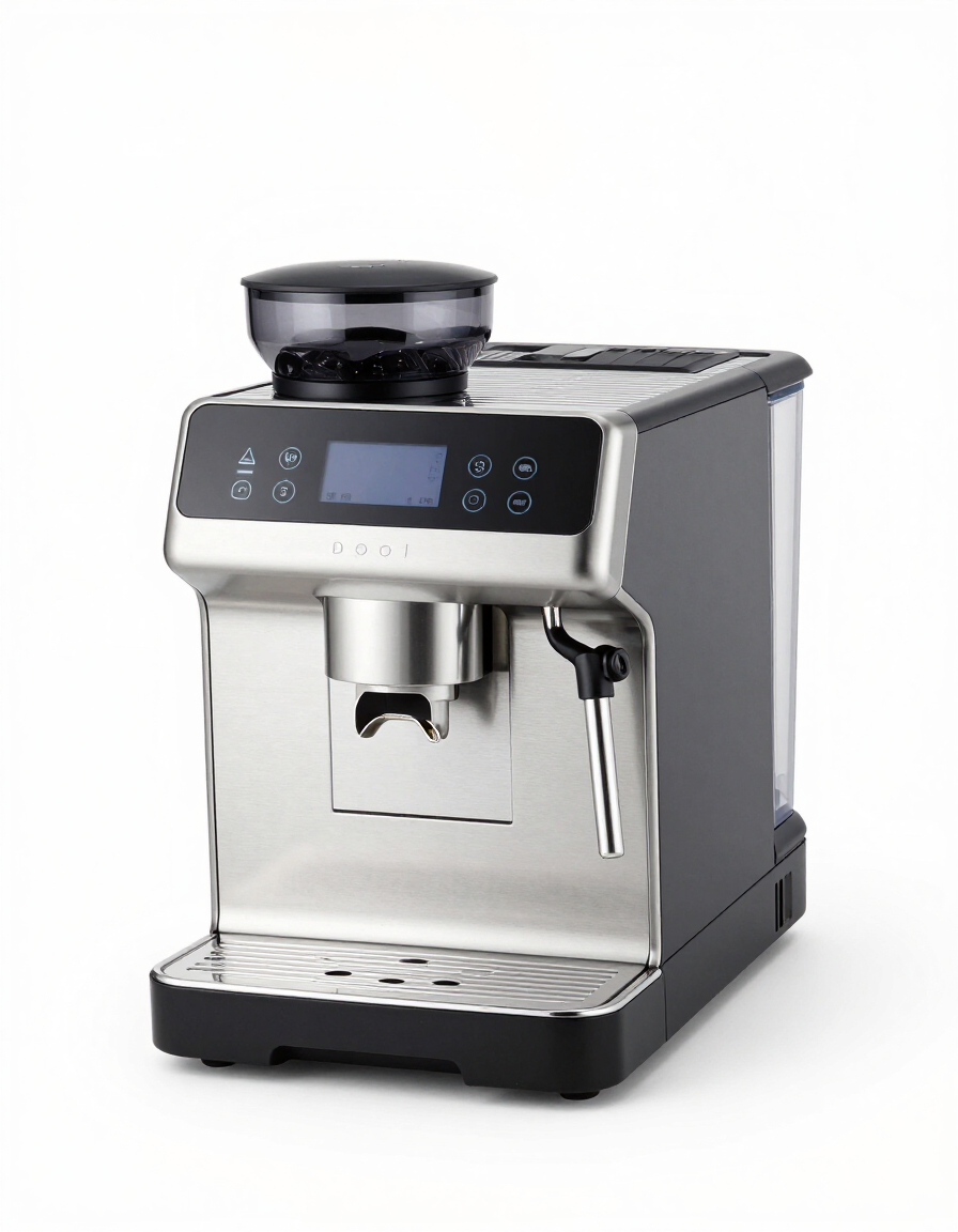 Sudraba espresso automāts ar melnu virsmu, digitālām vadības ierīcēm un tvaika padeves caurulīti uz balta fona