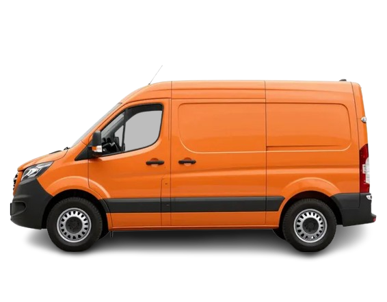 Oranža kravas automašīna sānu skatā uz balta fona