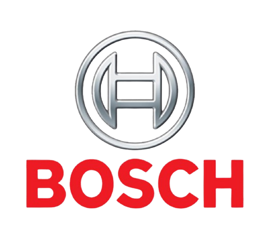 Bosch logotips ar pelēku apļveida emblēmu virs sarkanas uzraksta zīmes uz balta fona