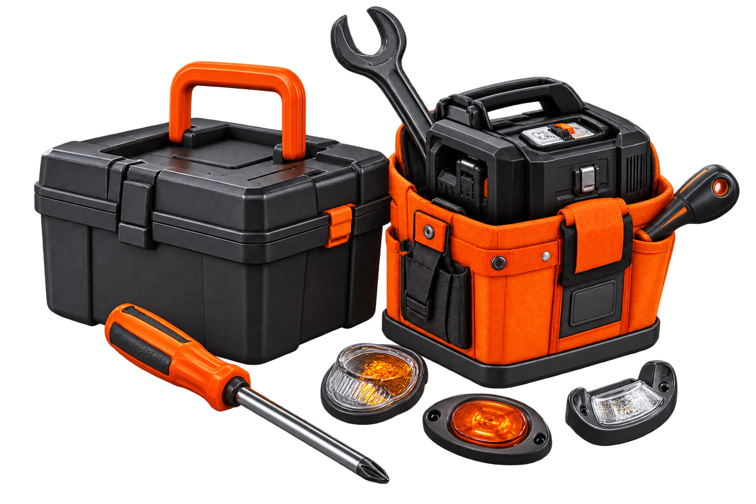 Melns un oranžs instrumentu kastes komplekts ar skrūvgriezi, uzgriežņu atslēgu un trim mazām detaļām uz balta fona