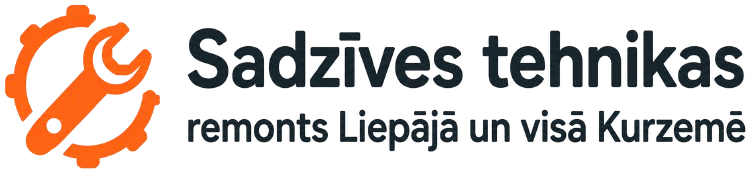Sadzīves tehnikas remonta logo ar oranžu zobratu un zaļu tekstu “remonts Liepājā un visā Kurzemē”