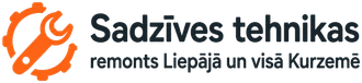 Sadzīves tehnikas remonta logo ar oranžu zobratu un zaļu tekstu “remonts Liepājā un visā Kurzemē”