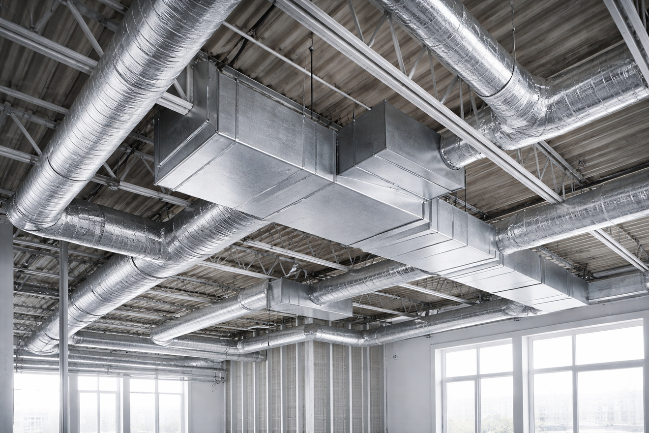 Metal HVAC ducts in a building's ceiling, with windows and partial walls visible.