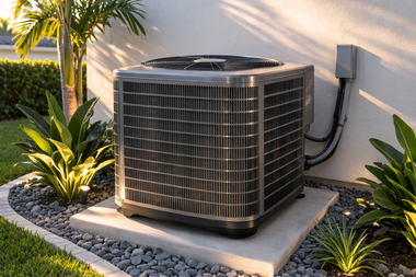 Air conditioning unit on a concrete pad, surrounded by plants and landscaping rocks, near a white wall.