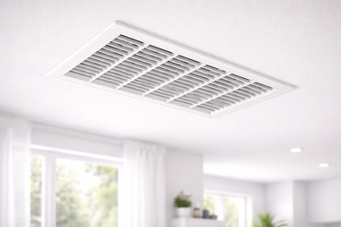 White ceiling air vent in a bright room with window and plants.