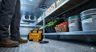 Person in work boots stands in a refrigerated truck; shelves hold produce and buckets, a tool bag sits on the floor.