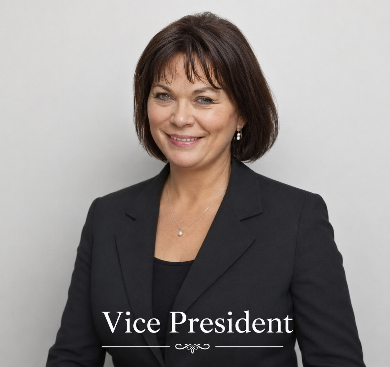 Smiling professional in a black blazer against a light gray background