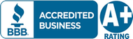 BBB Accredited Business A+ rating badge in blue and white