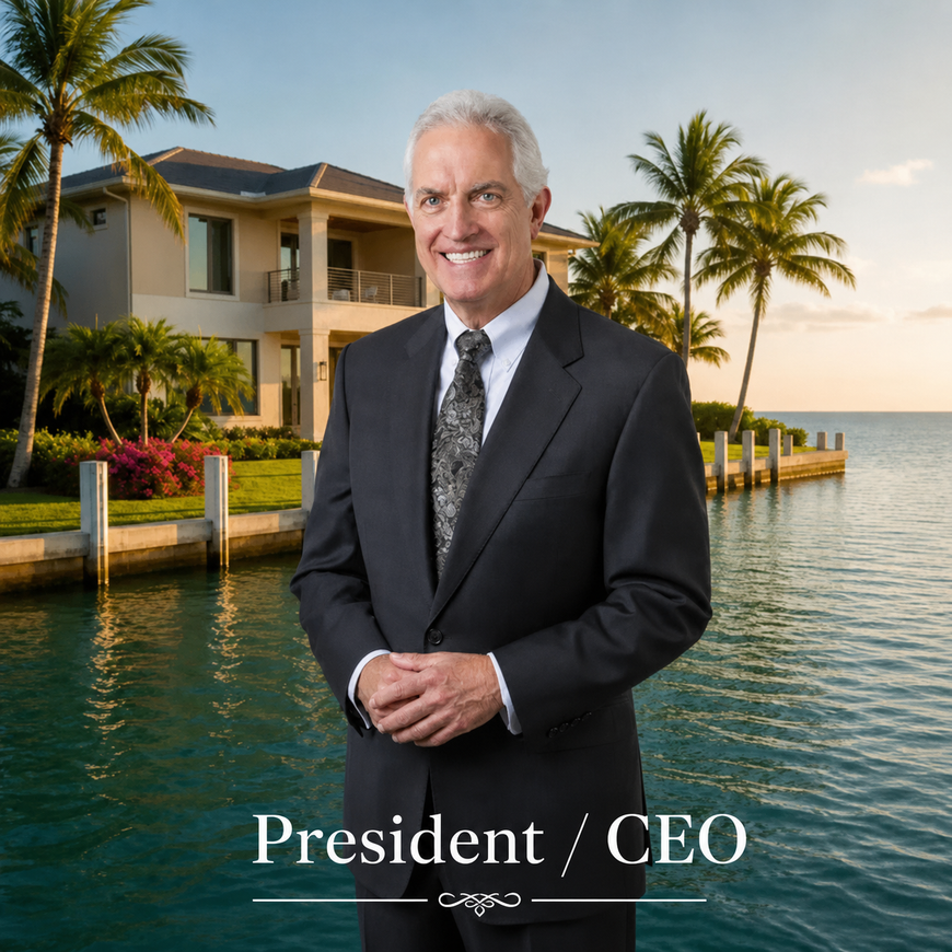 Man in dark suit standing by a waterfront luxury home with palm trees at sunset