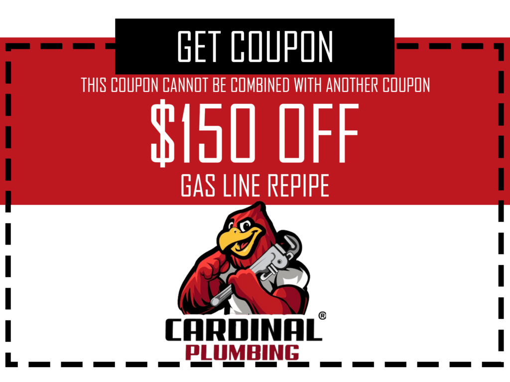 Coupon for Cardinal Plumbing: $150 off gas line repair, with red-and-black logo on white background