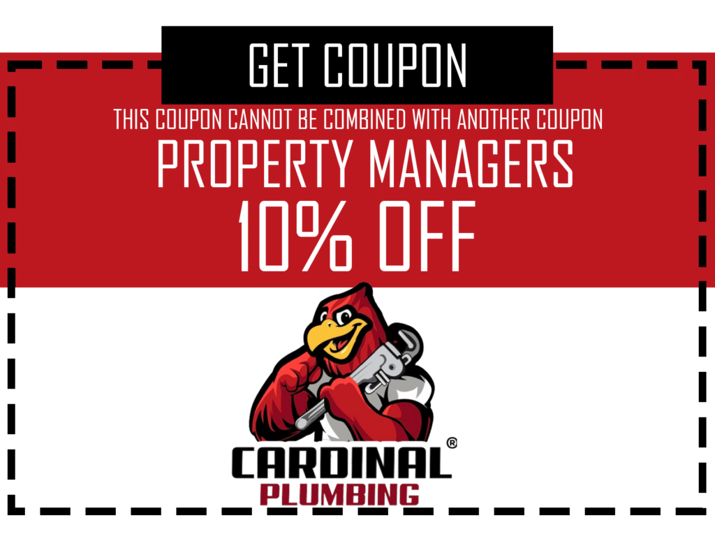 Cardinal Plumbing coupon: Property Managers 10% off, red and black ad with plumber logo