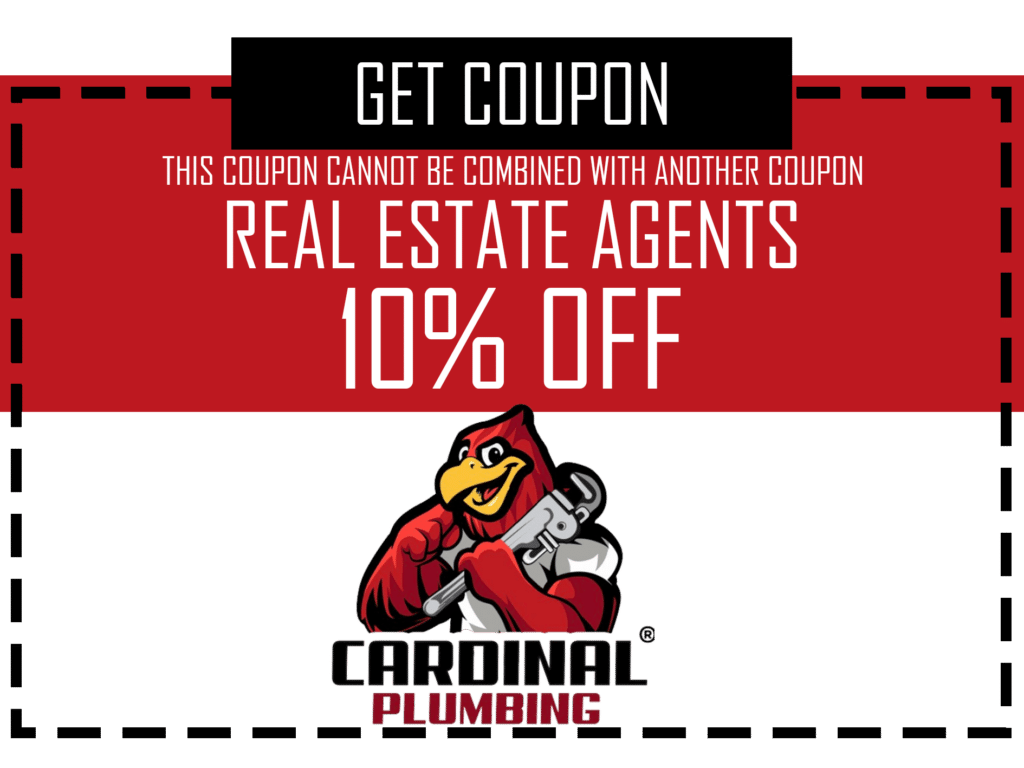 Red coupon for real estate agents, 10% off, with Cardinal Plumbing logo and coupon details.