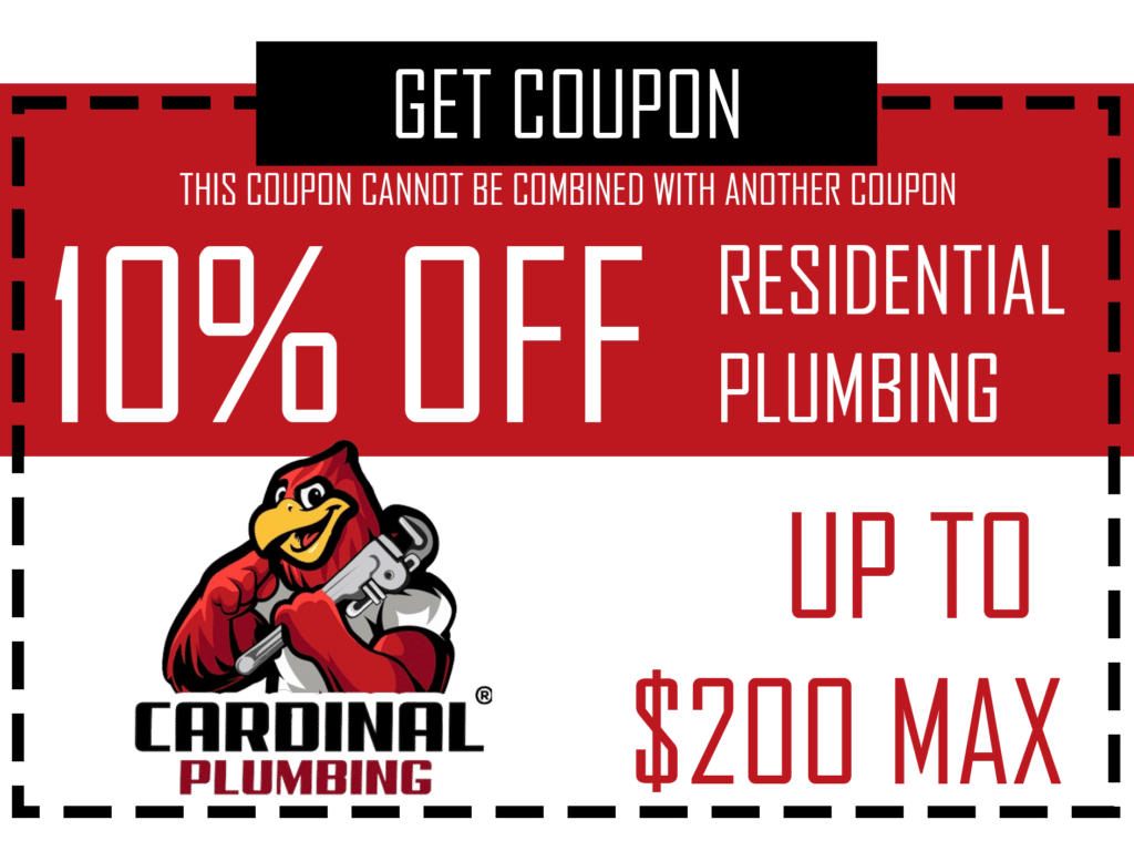 Residential plumbing coupon, 10% off, up to $200 max, with cartoon plumber logo on red and black design