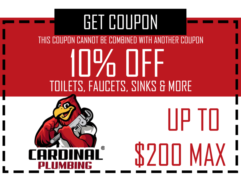 Cardinal Plumbing coupon ad: 10% off toilets, faucets, sinks; up to $200 max.