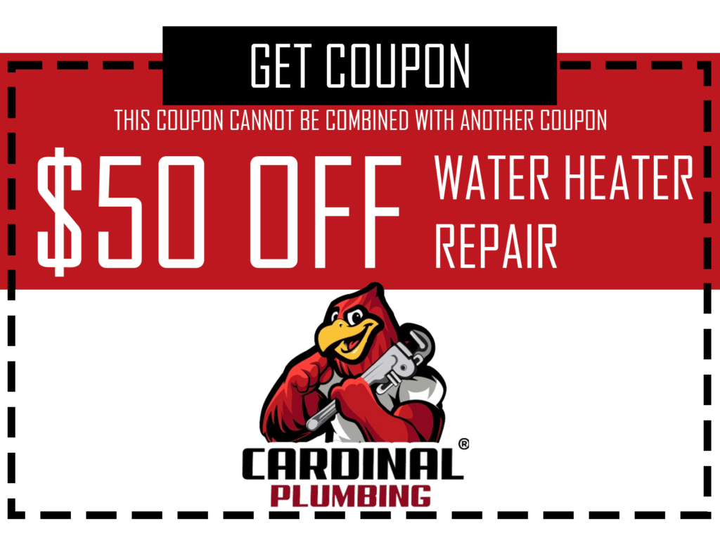 Coupon for $50 off water heater repair from Cardinal Plumbing, red and white with mascot logo